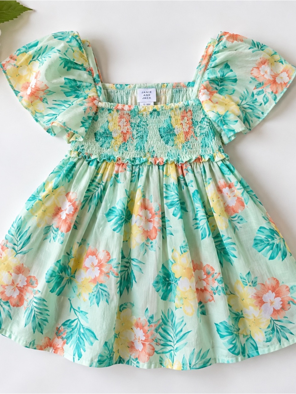 Janie and Jack Girls Floral Smocked Cotton Dress Flutter Sleeve 12-18M
